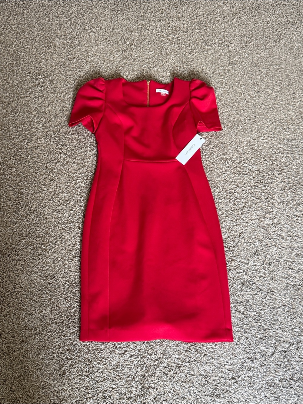 NWT Calvin Klein Red Puff-Sleeve Sheath Career Office Work Scuba Midi Dress